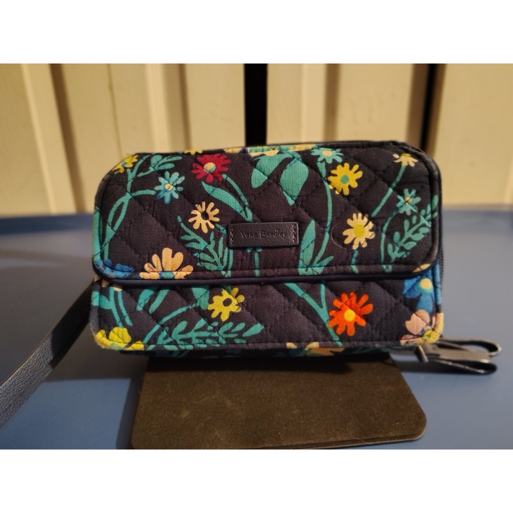 Vera Bradley Quilted Floral RFID Wristlet Wallet Black Multicolor Cotton Zip